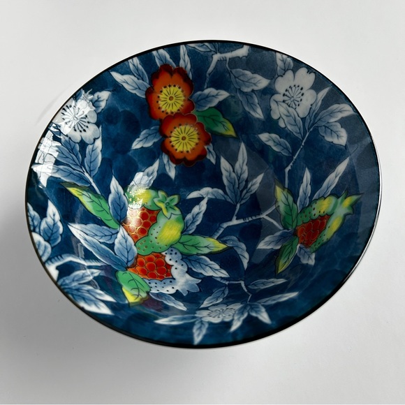 Blue Porcelain Rice Bowl with Red Strawberry and Floral Pattern Japanese - Picture 7 of 10